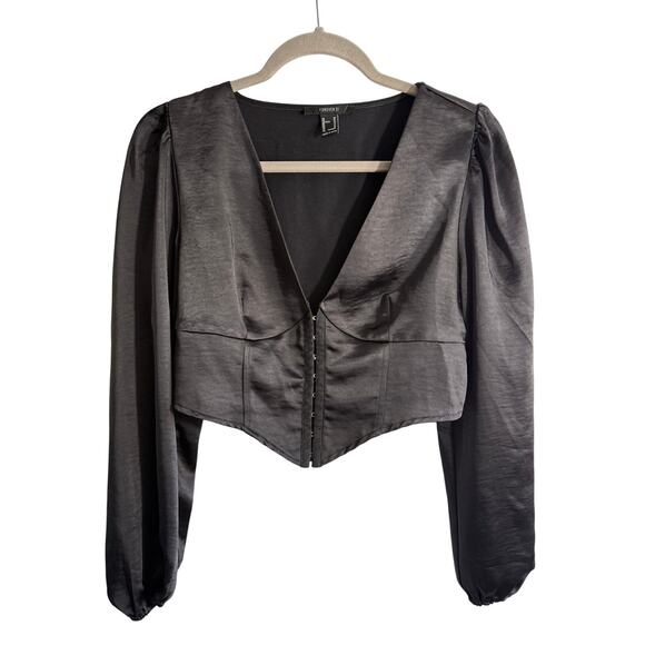 Forever 21 Black Satin Corset Style Long Sleeve Top Size Medium - Picture 2 of 5